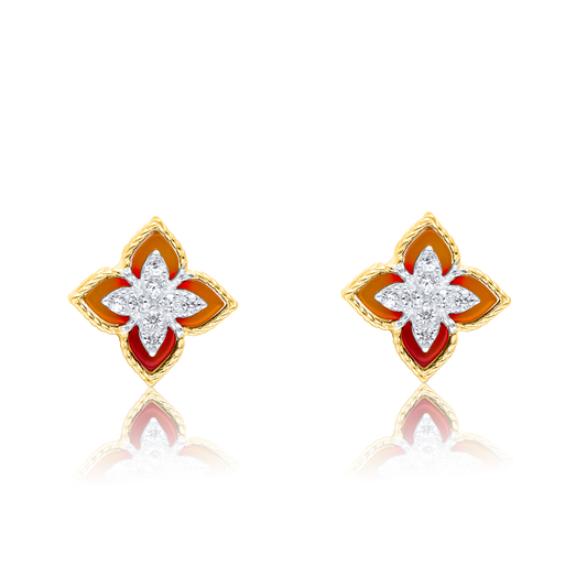 18K Pure Gold Red Flower Earring Set