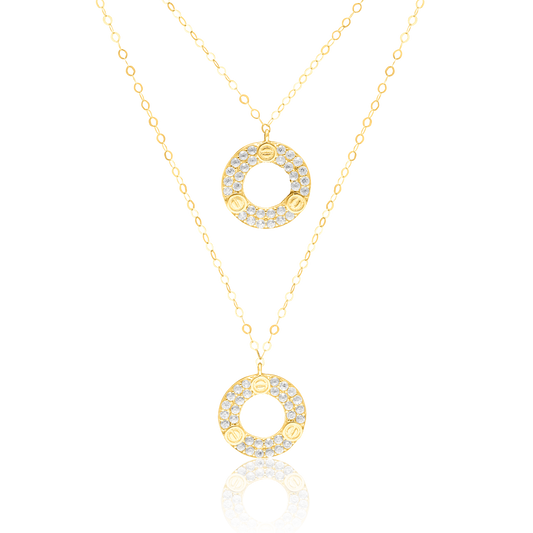 18K Pure Gold 2 Layer Round Stone Necklace