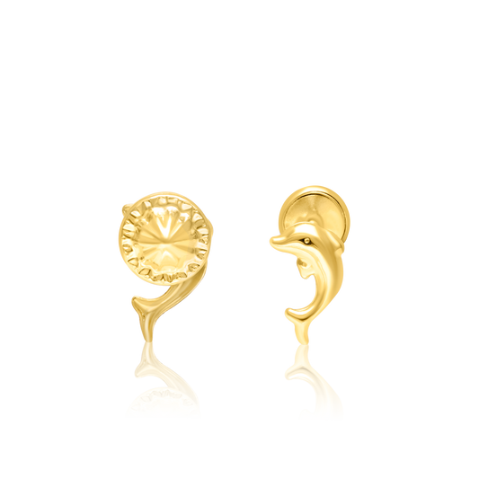 18K Pure Gold Dolphin Screw Earring Set