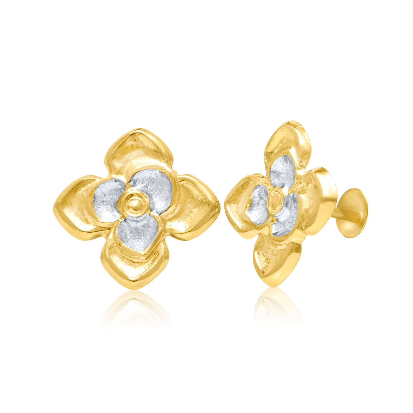18K Pure Gold 2 Color Flower Screw Earring Set