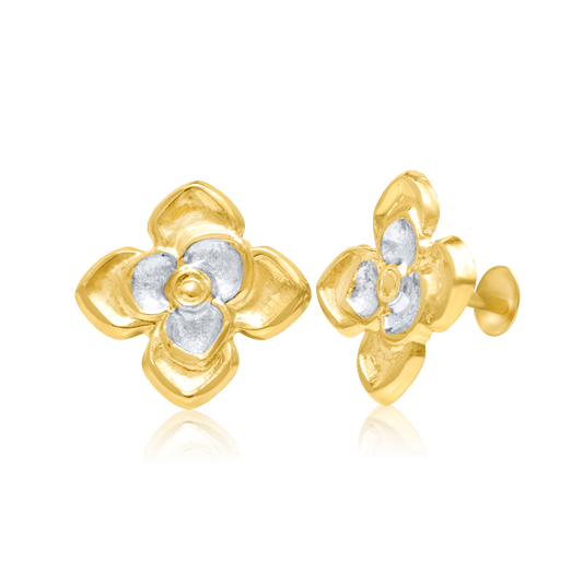 18K Pure Gold 2 Color Flower Screw Earring Set