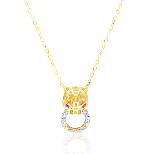 18K Pure Gold Panther Red Stone Necklace