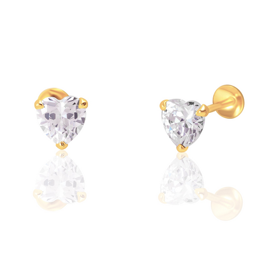 18K Pure Gold Heart Stone Screw Earring Set