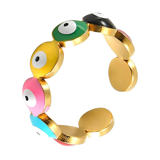 Evil Eyes Ring, 18K Gold Plated Steel