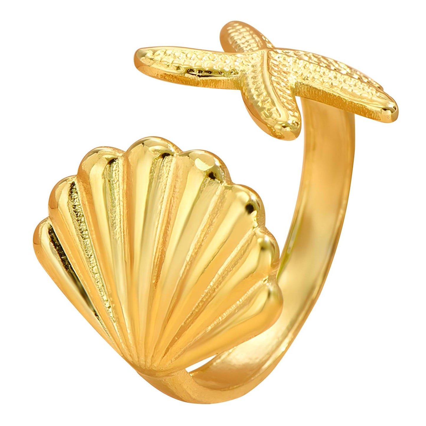 Starfish And Seashell Ring, 18K Gold Plated Steel