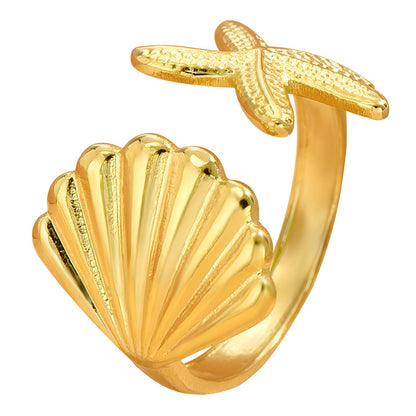Starfish And Seashell Ring, 18K Gold Plated Steel