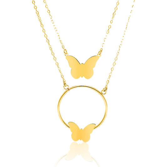 18K Pure Gold 2 Layer Butterfly Ring Necklace