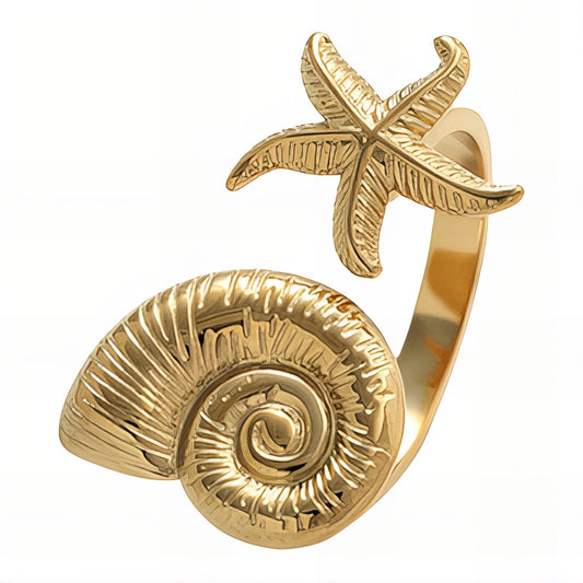 Starfish And Seashell Ring, 18K Gold Plated Steel