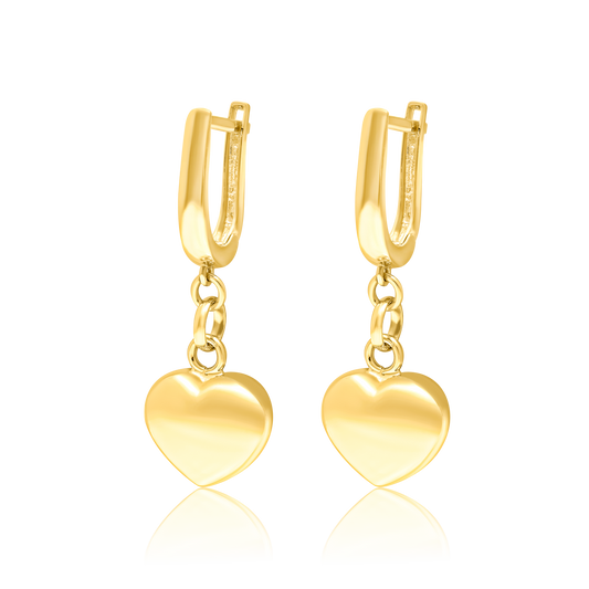 18K Pure Gold Hanging Heart Earring Set