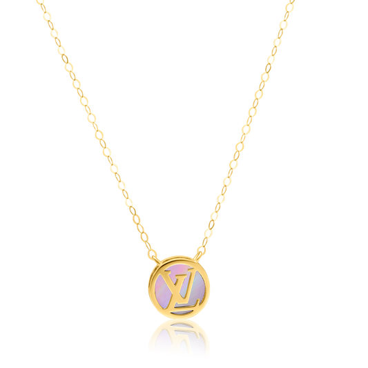 18K Pure Gold Round Pink L.V Necklace