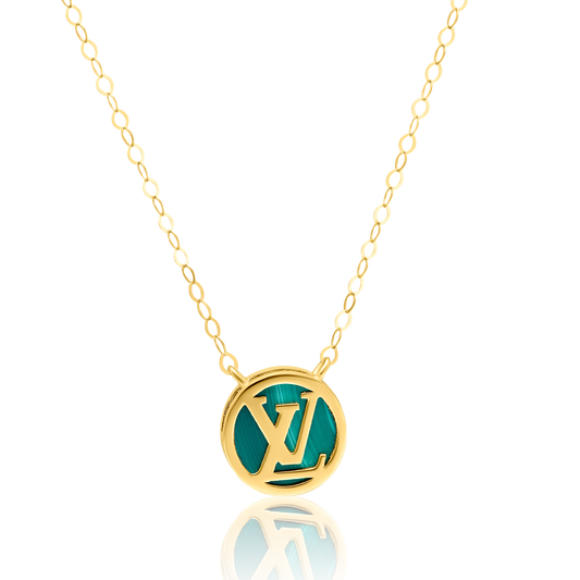 18K Pure Gold Round Green L.V Necklace