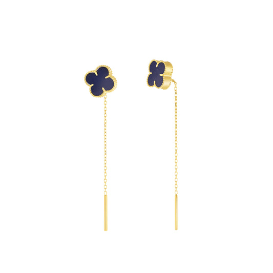 18K Pure Gold Hanging V.C Flower Dark Blue Earring Set