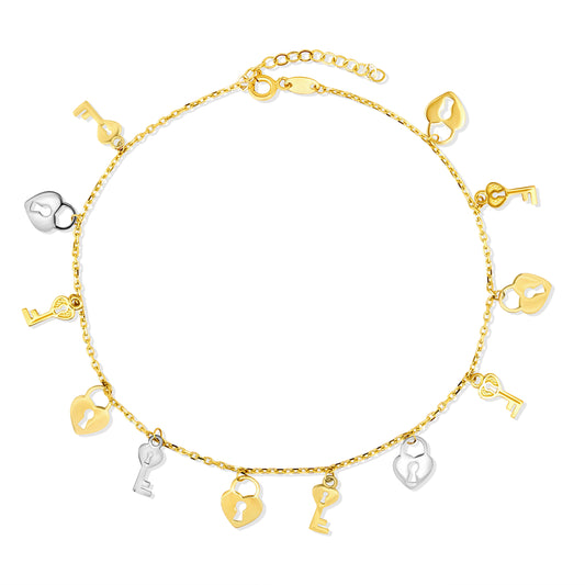18K Pure Gold 2 Color Hanging Key Heart Anklet