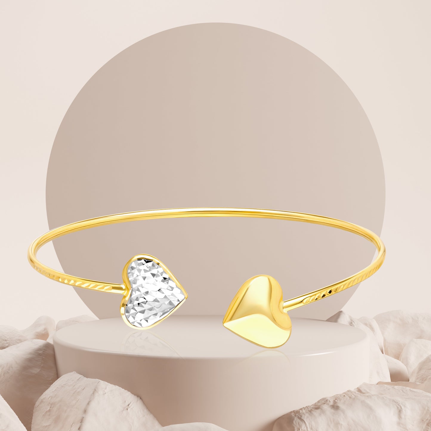 18K Pure Gold 2 Color Heart Bangle