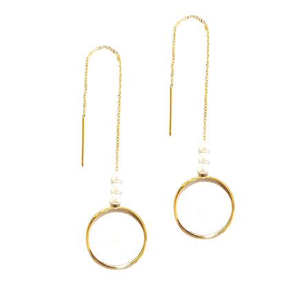 18K Pure Gold Ring w/ Pearl Dangling Earrings | Earring | 18K Gold Jewelry