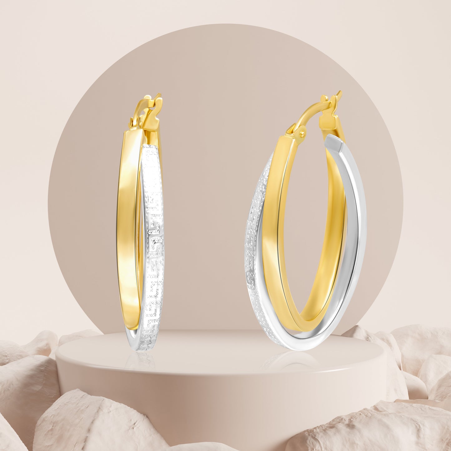 18K Pure Gold 2 Color Round Earring Set