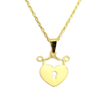18K Pure Gold Heart and Lock Design Necklace