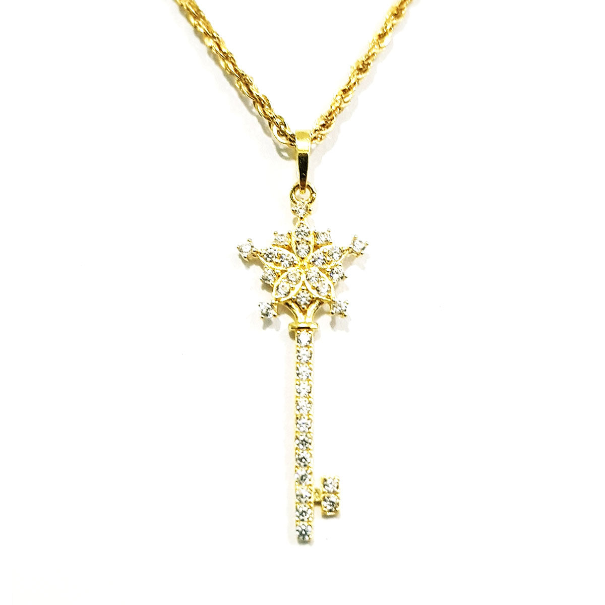 18K Pure Gold Key Design w/ Zircon Stone Necklace | Necklace | 18K Gold Jewelry