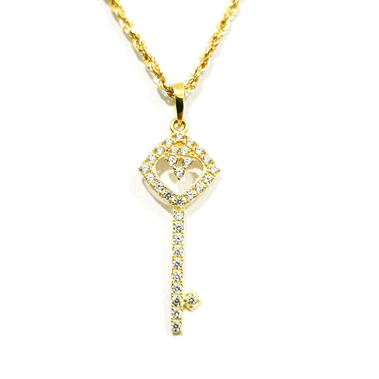 18K Pure Gold Key Design w/ Zircon Stone Necklace | Necklace | 18K Gold Jewelry