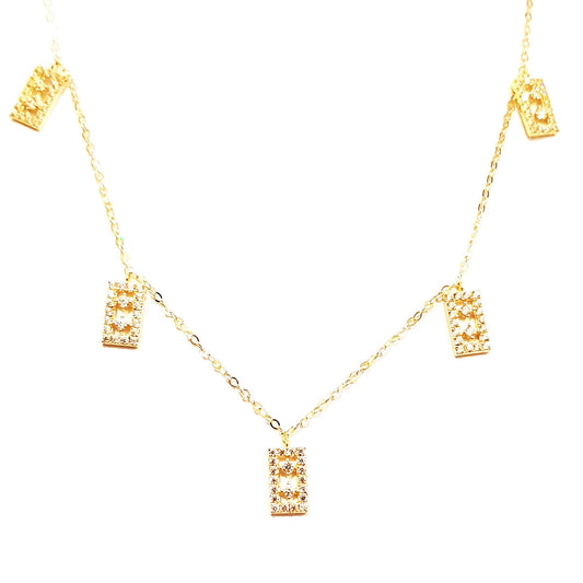 18K Pure Gold Rectangular Design w/ Zircon Stone Necklace | Necklace | 18K Gold Jewelry