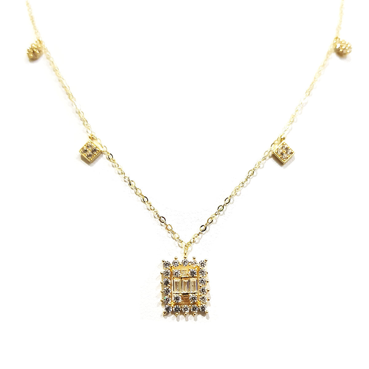 18K Pure Gold Square Design w/ Zircon Stone Necklace | Necklace | 18K Gold Jewelry