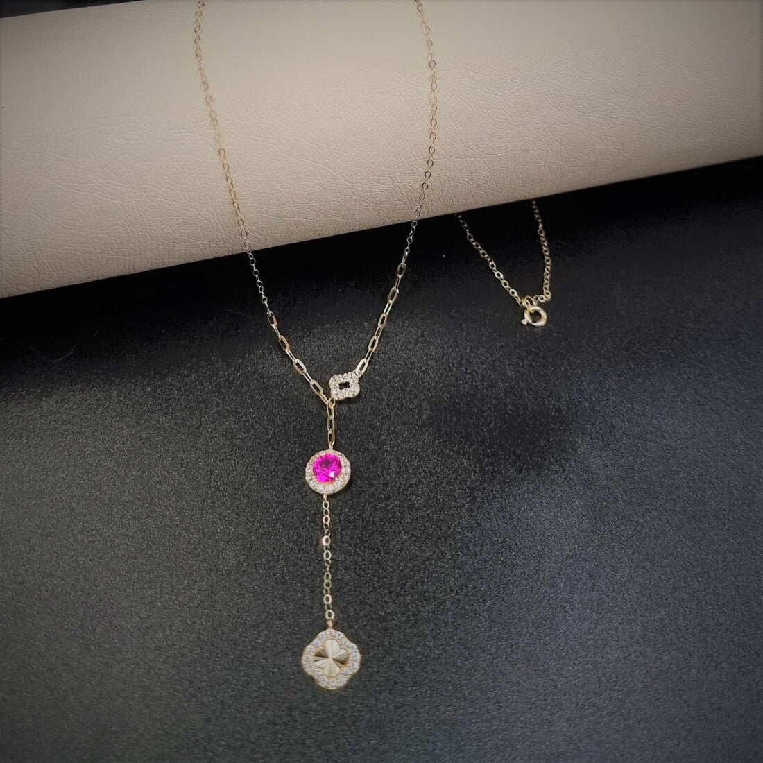 18K Pure Gold Red Circle Stone Necklace