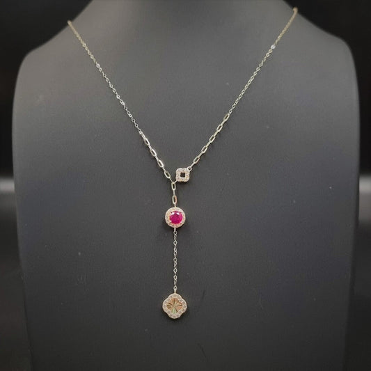 18K Pure Gold Red Circle Stone Necklace