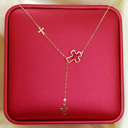 18K Pure Gold Red Stone Cross Necklace