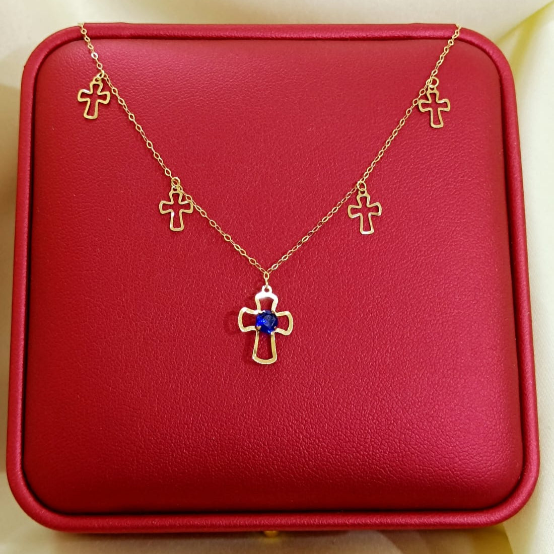 18K Pure Gold Blue Stone Cross Necklace