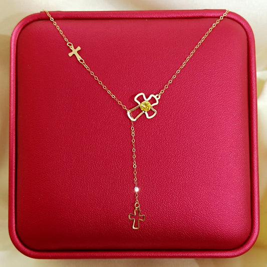 18K Pure Gold Stone Cross Necklace