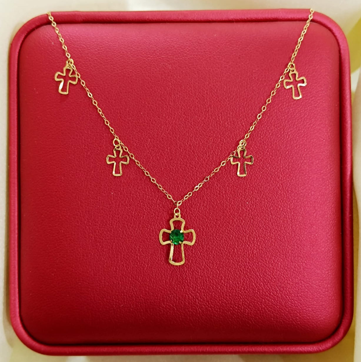 18K Pure Gold Green Stone Cross Necklace