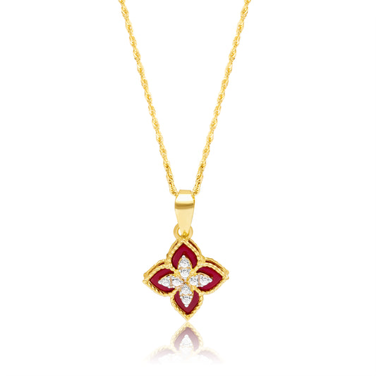 18K Pure Gold Red Flower Necklace