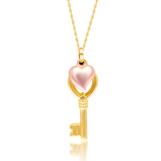 18K Pure Gold Heart Key Necklace