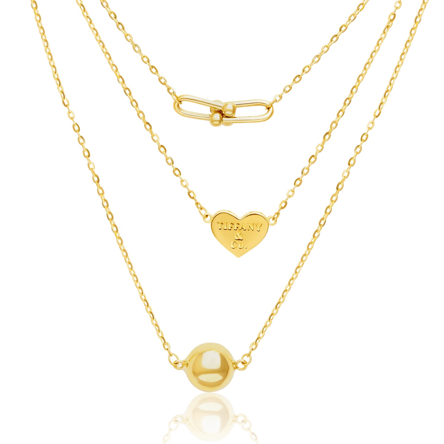 18K Pure Gold 3 Layer Necklace (Heart, U-Link, Ball)