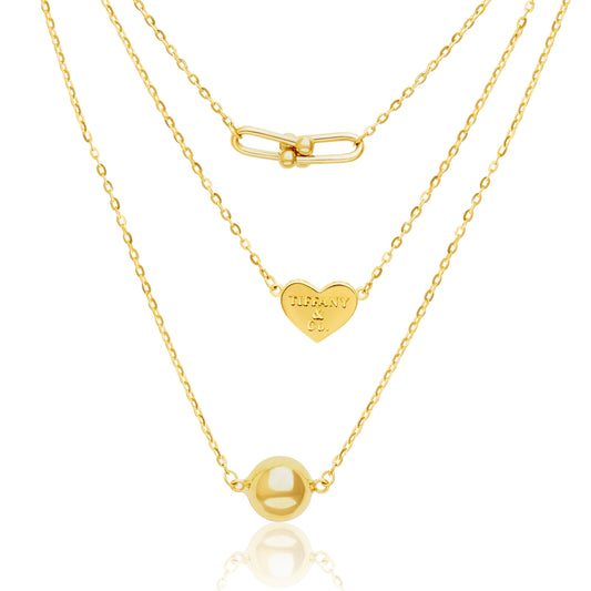 18K Pure Gold 3 Layer Necklace (Heart, U-Link, Ball)