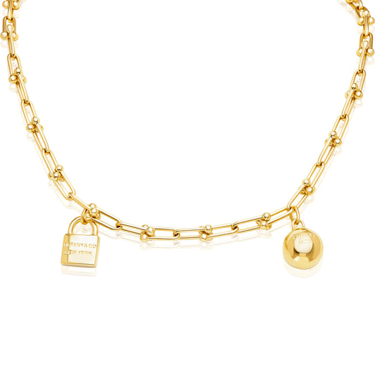 18K Pure Gold Lock Ball U-Link Necklace