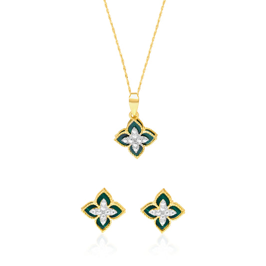 18K Pure Gold Green Flower Jewelry Set
