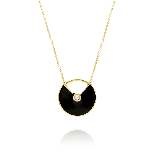 18K Pure Gold Round Black Stone Necklace