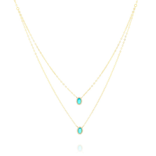 18K Pure Gold 2 Layer Light Blue Stone Necklace