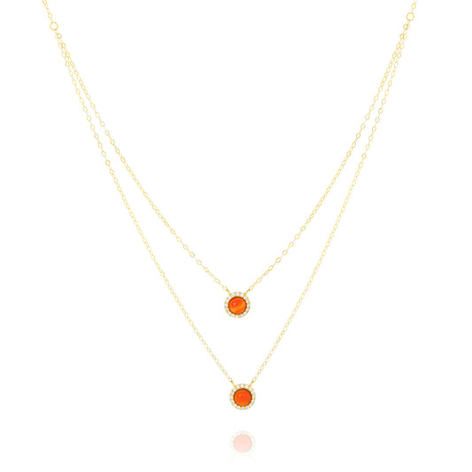 18K Pure Gold 2 Layer Round Red Stone Necklace