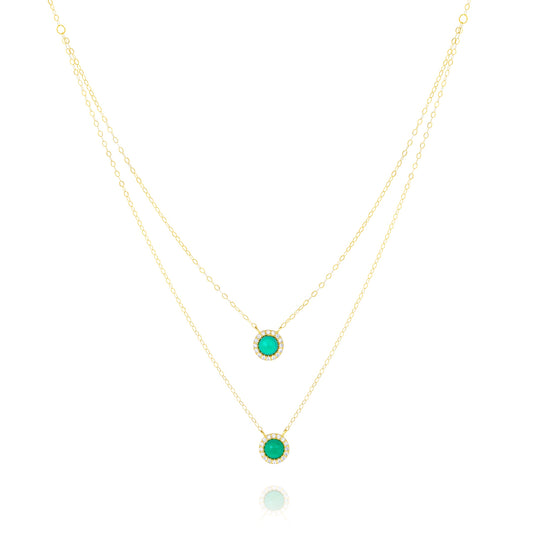 18K Pure Gold 2 Layer Round Green Stone Necklace