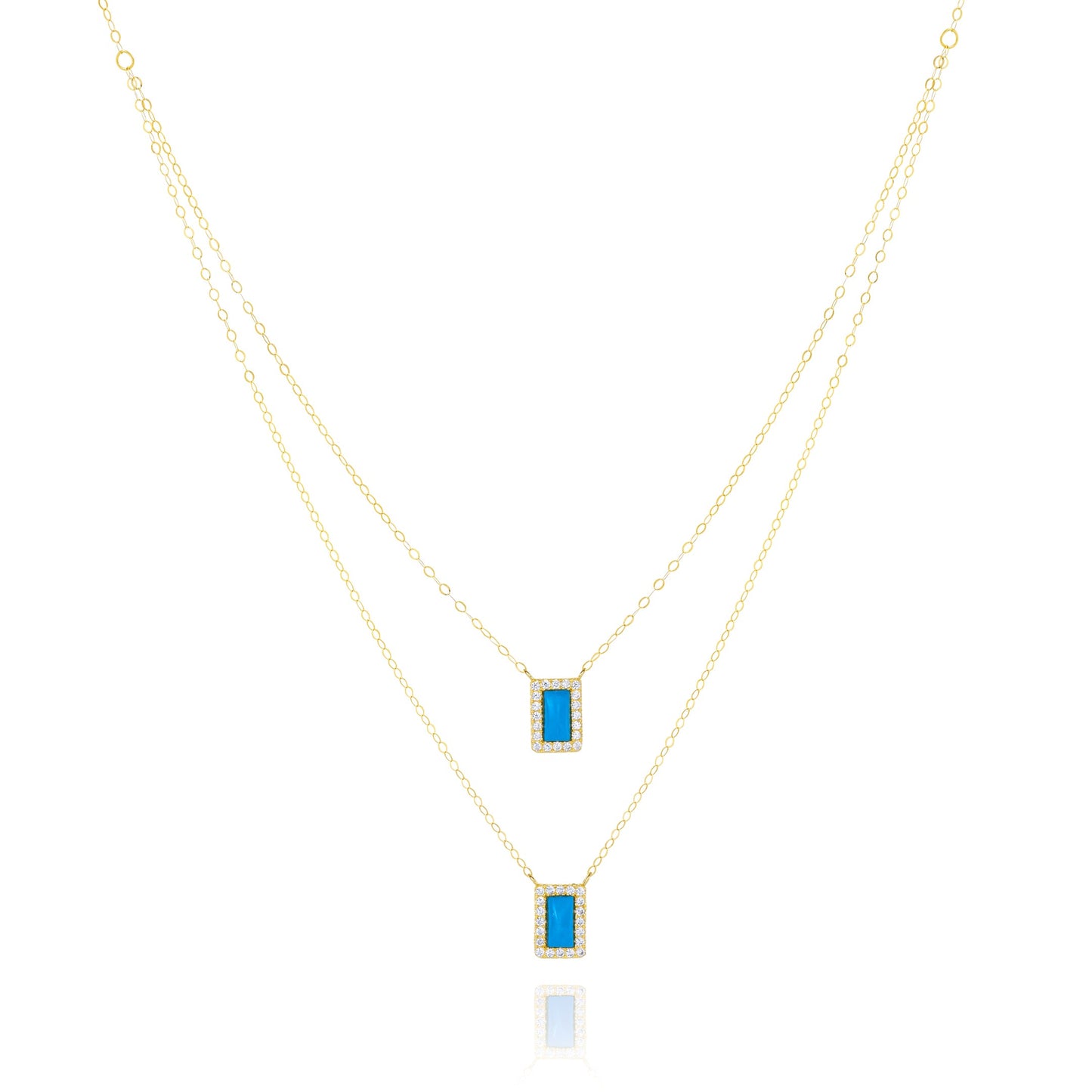 18K Pure Gold 2 Layer Square Blue Stone Necklace