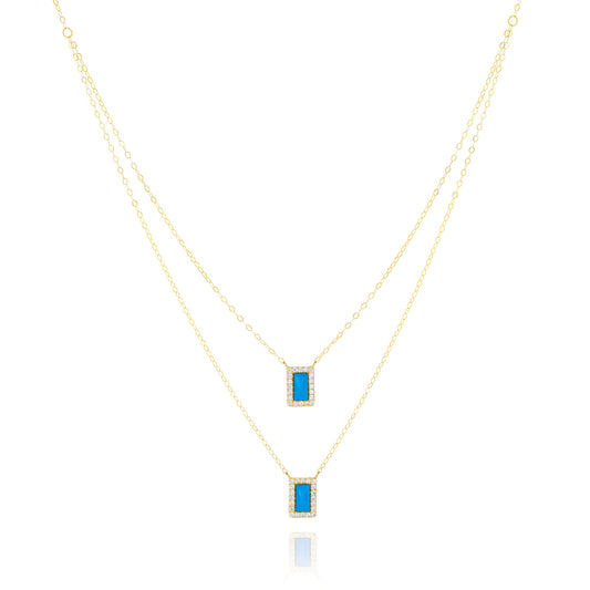 18K Pure Gold 2 Layer Square Blue Stone Necklace