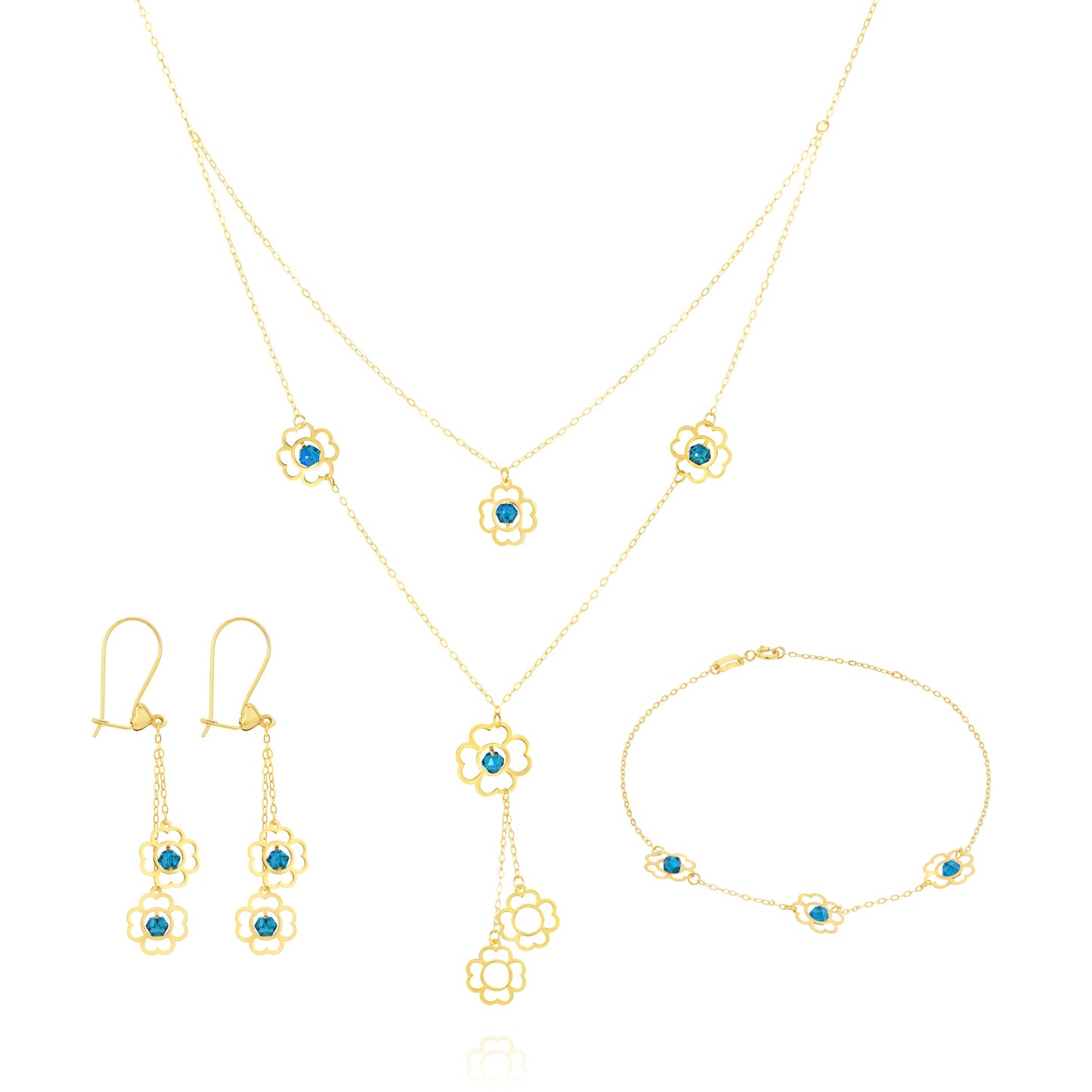 18K Pure Gold Blue Stone Flower Jewelry Set