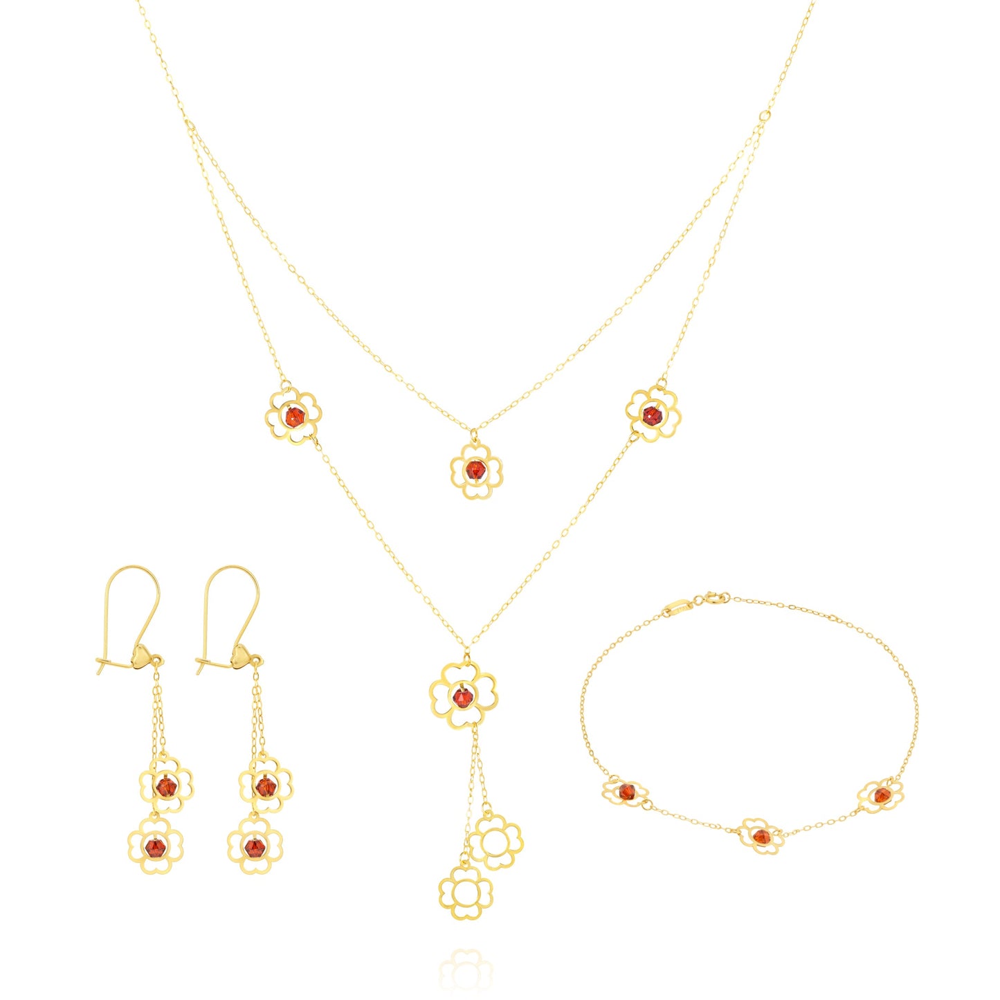 18K Pure Gold Red Stone Flower Jewelry Set