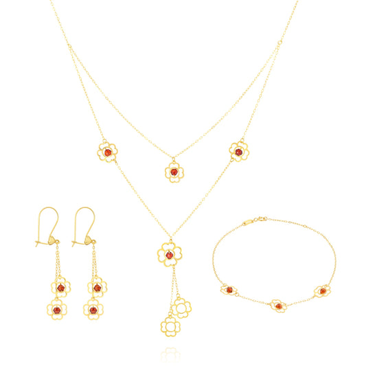 18K Pure Gold Red Stone Flower Jewelry Set
