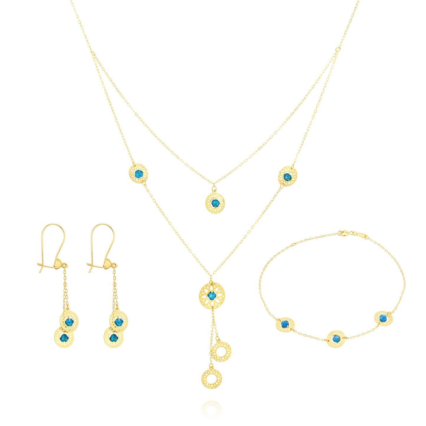 18K Pure Gold Blue Stone Round Jewelry Set