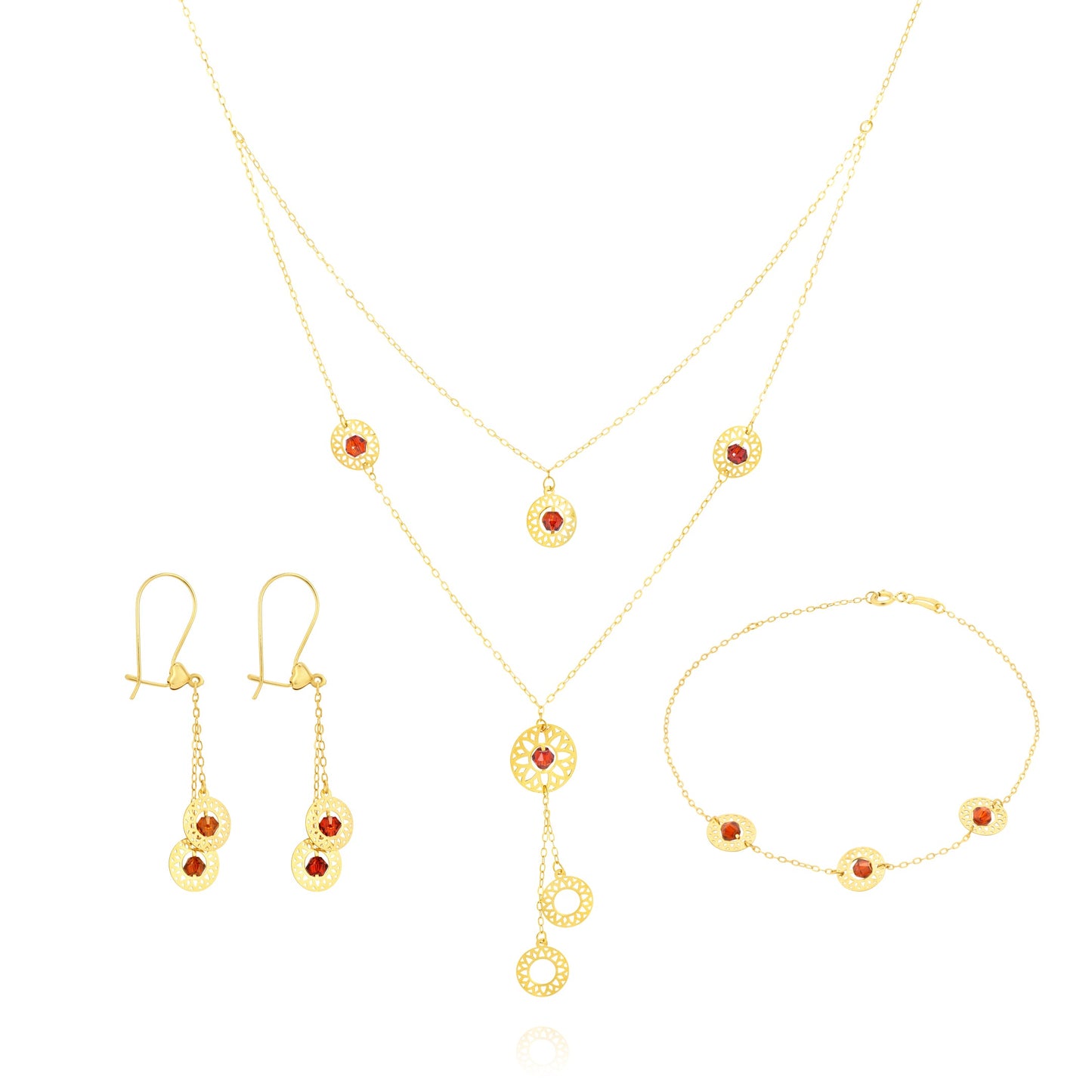 18K Pure Gold Red Stone Round Jewelry Set