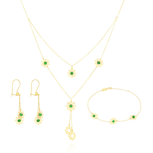 18K Pure Gold Green Stone Flower Jewelry Set