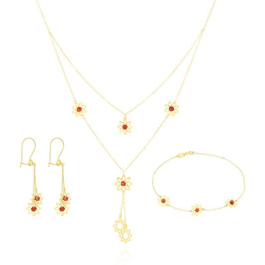 18K Pure Gold Red Stone Flower Jewelry Set
